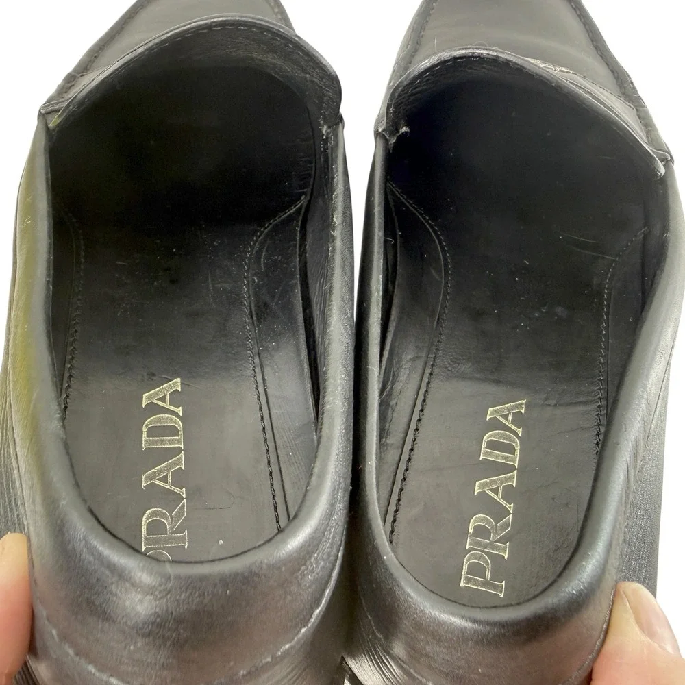 Prada Penny Loafers Driver Shoes Men's Size 8 Mens Black Leather Milano Logo - Picture 10 of 11